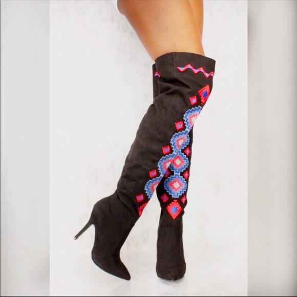 Qupid Shoes - 🌟Black Embroidered Over the Knee High Heel Boots